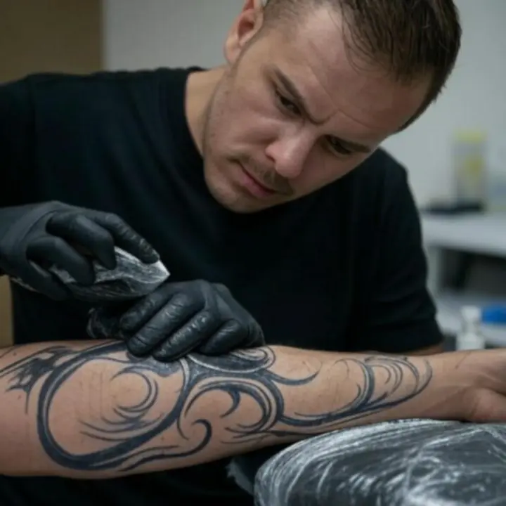 Tetoválóművész fekete-fehér portréja munka közben.
