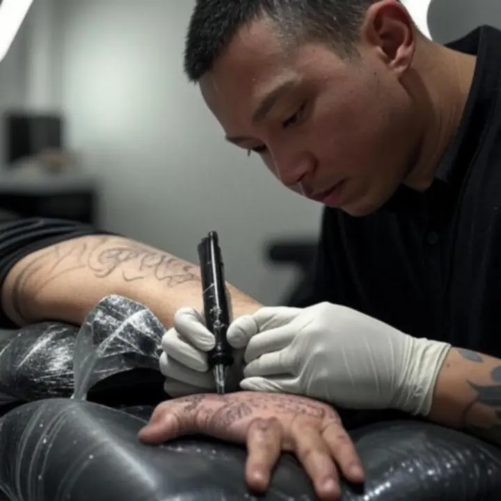 Tetoválóművész munka közben a Blackiinktattoo steril stúdióterében.