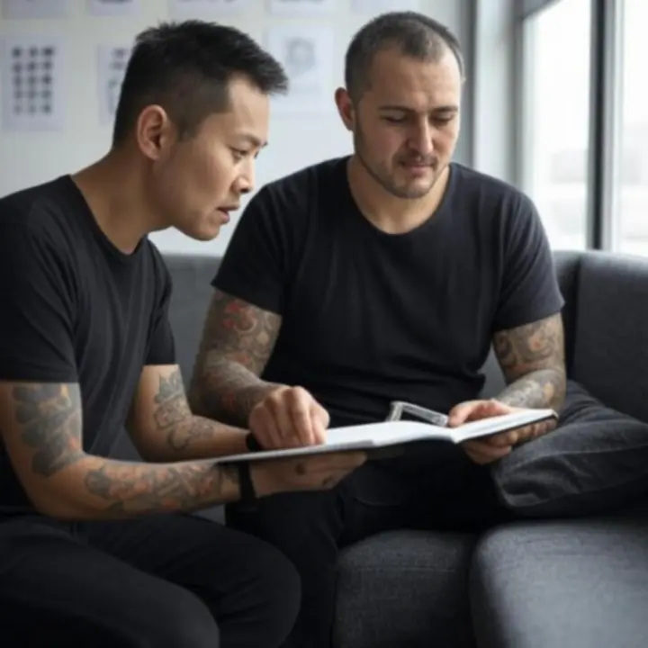 Tetováló művész konzultációt tart vendéggel a Blackiinktattoo stúdióban