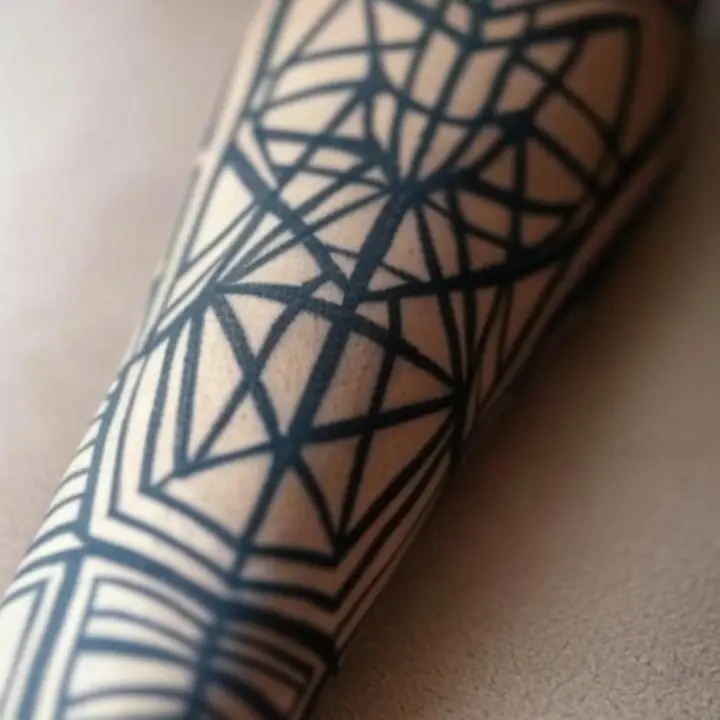 Közelről fotózott blackwork tetoválás részlete finom vonalakkal és fekete felületekkel