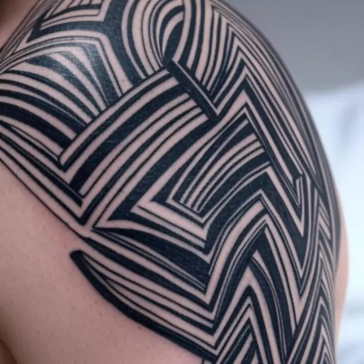 Részletgazdag, fekete, grafikus tetoválás a Blackiinktattoo portfóliójából