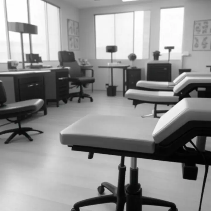 Modern, fekete-fehér tetoválásstúdió letisztult belső térrel és professzionális munkakörnyezetben.